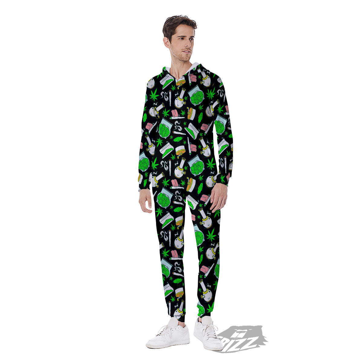 Smoke Weed Green Neon Print Pattern Men's Jumpsuit-grizzshop