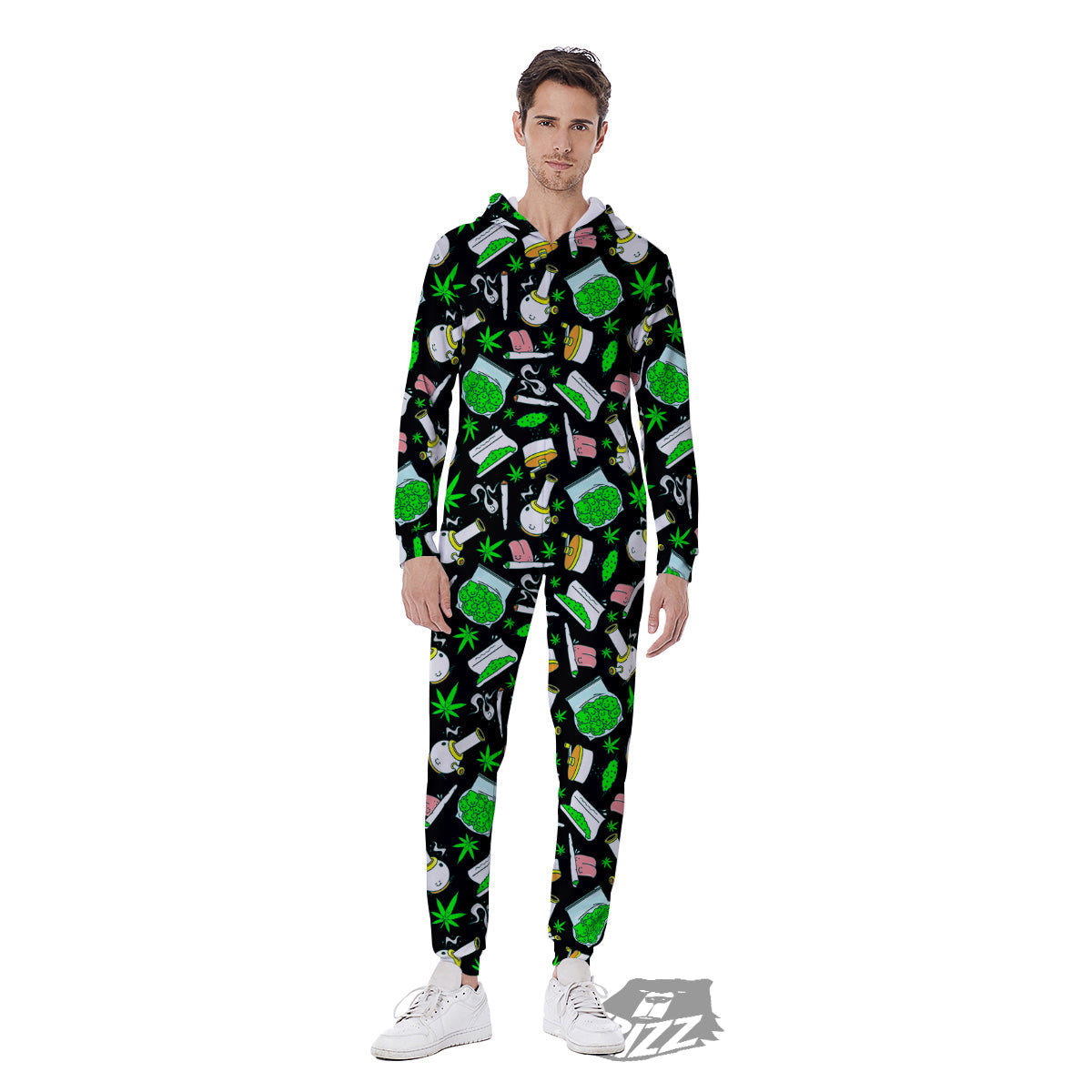 Smoke Weed Green Neon Print Pattern Men's Jumpsuit-grizzshop