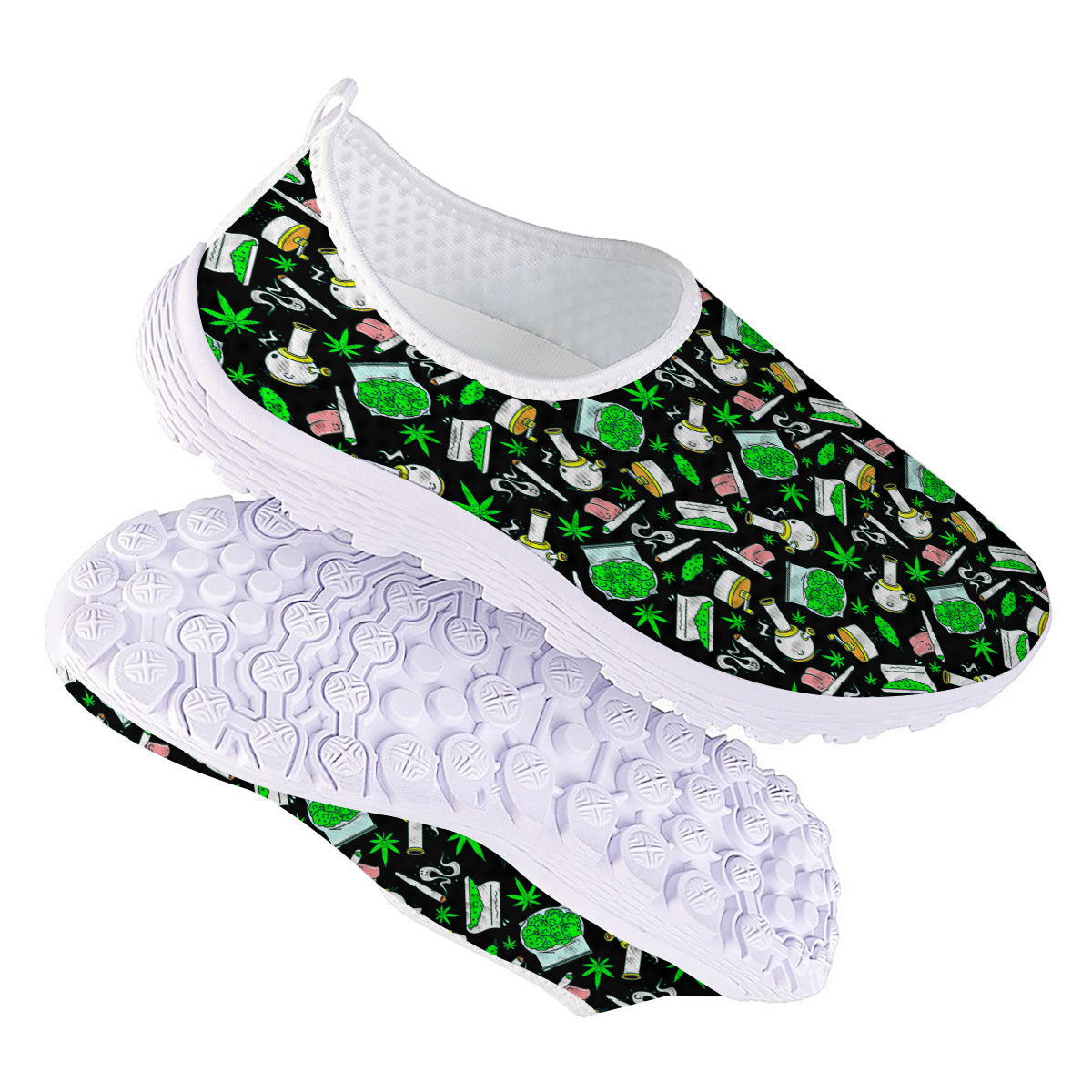 Smoke Weed Green Neon Print Pattern Nurse Shoes-grizzshop