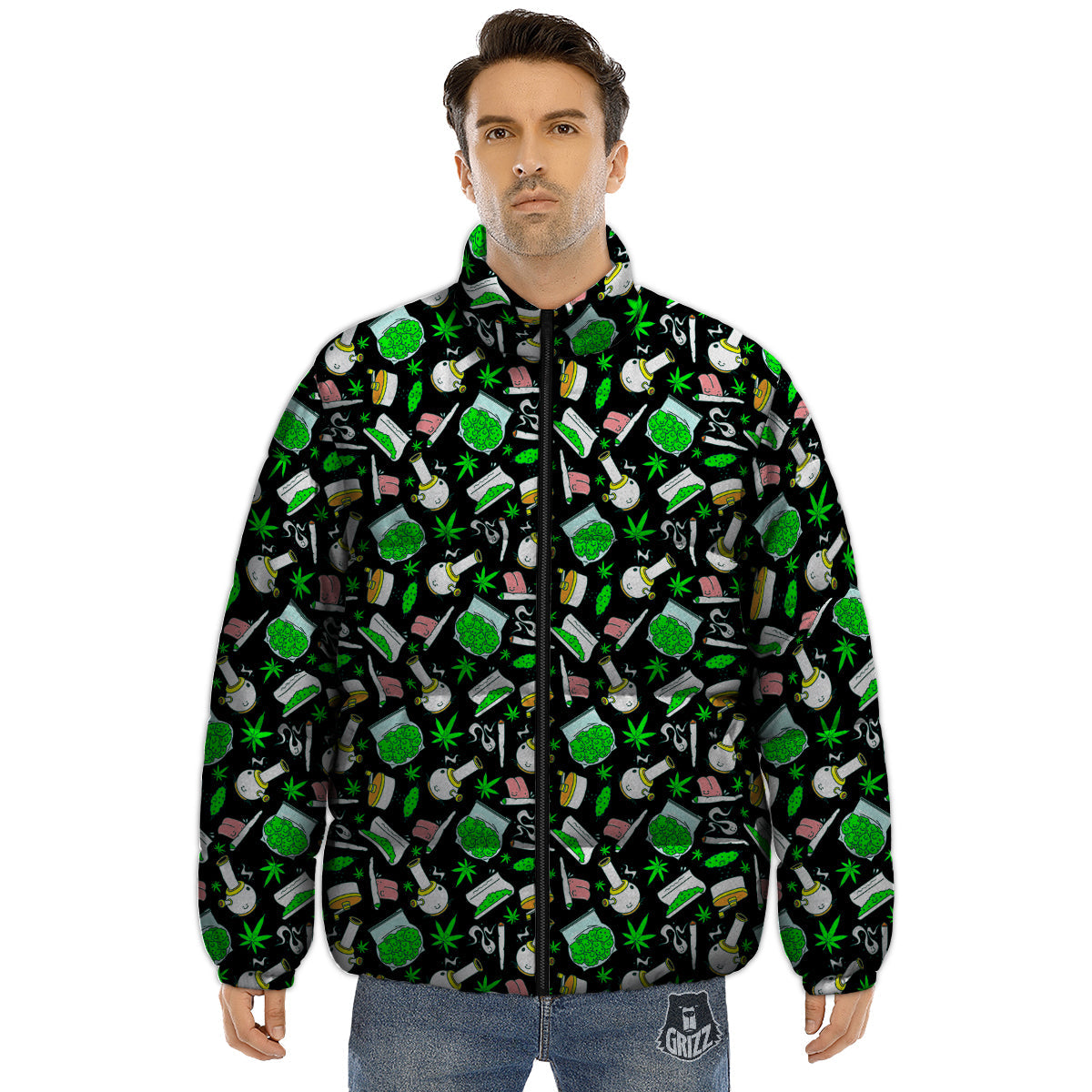 Smoke Weed Green Neon Print Pattern Puffer Jacket-grizzshop