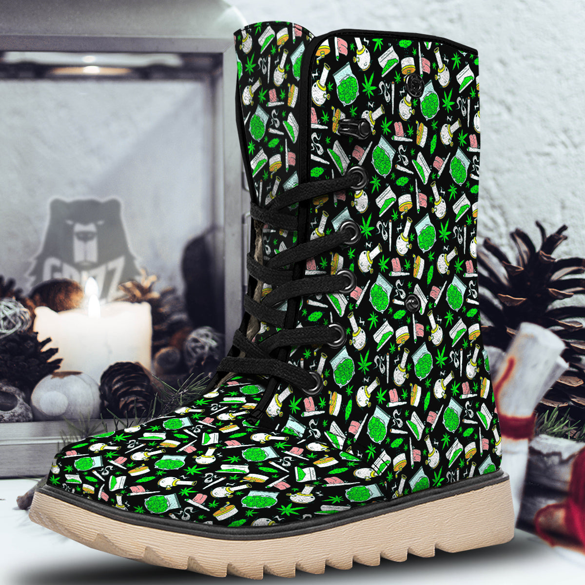 Smoke Weed Green Neon Print Pattern Snow Boots-grizzshop