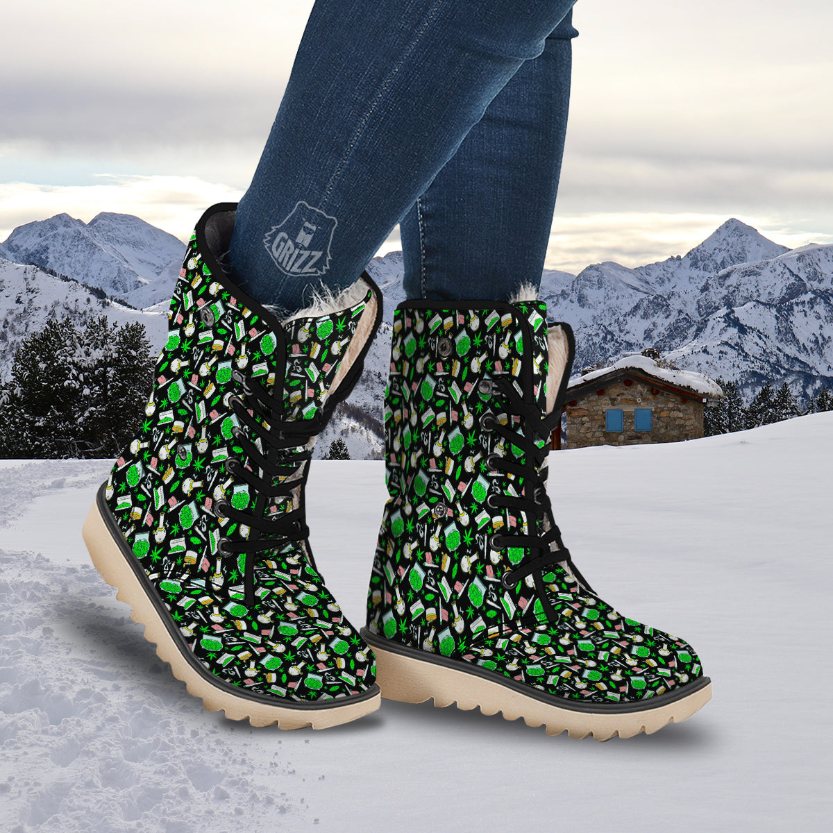 Smoke Weed Green Neon Print Pattern Snow Boots-grizzshop