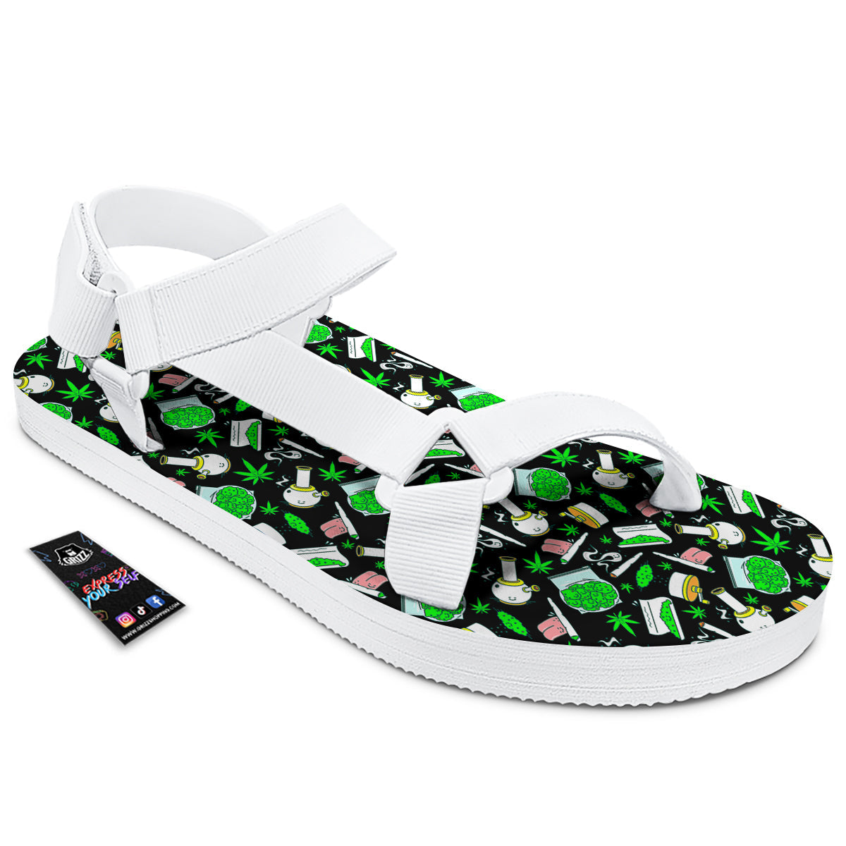 Smoke Weed Green Neon Print Pattern White Open Toe Sandals-grizzshop