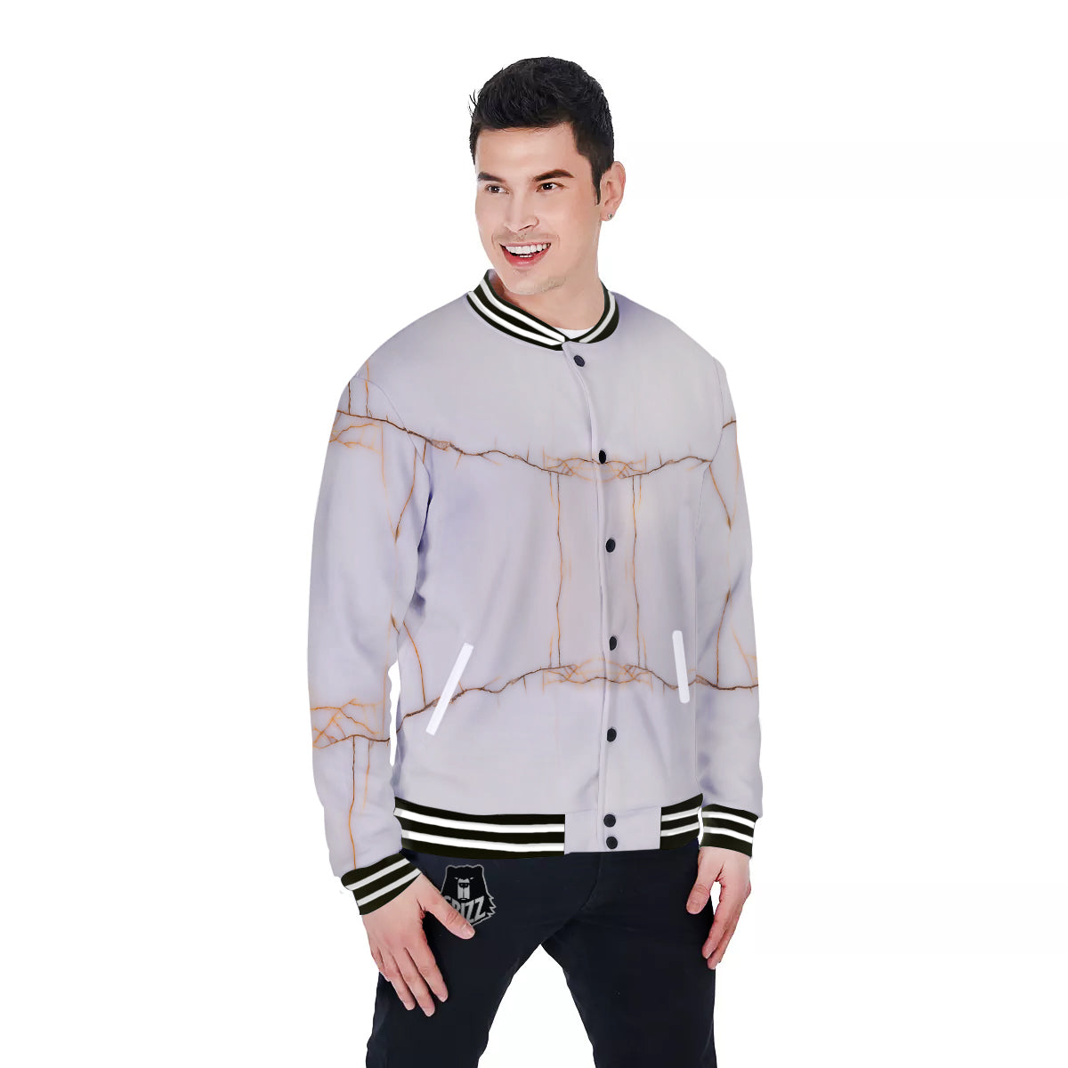 Smooth Marble White Brown Print Pattern Baseball Jacket-grizzshop