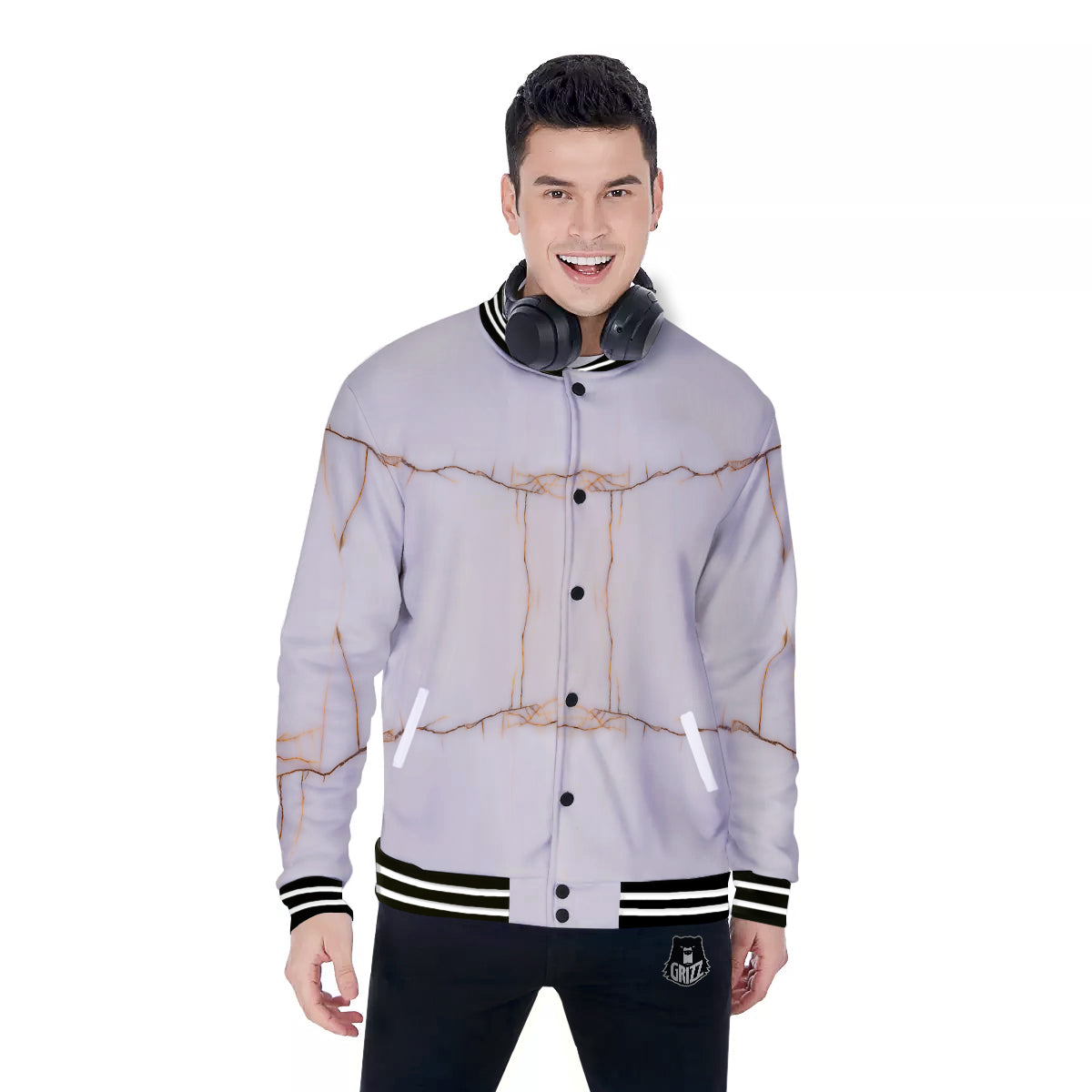 Smooth Marble White Brown Print Pattern Baseball Jacket-grizzshop