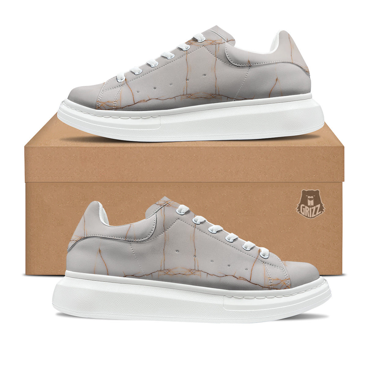 Smooth Marble White Brown Print Pattern Platform Shoes-grizzshop