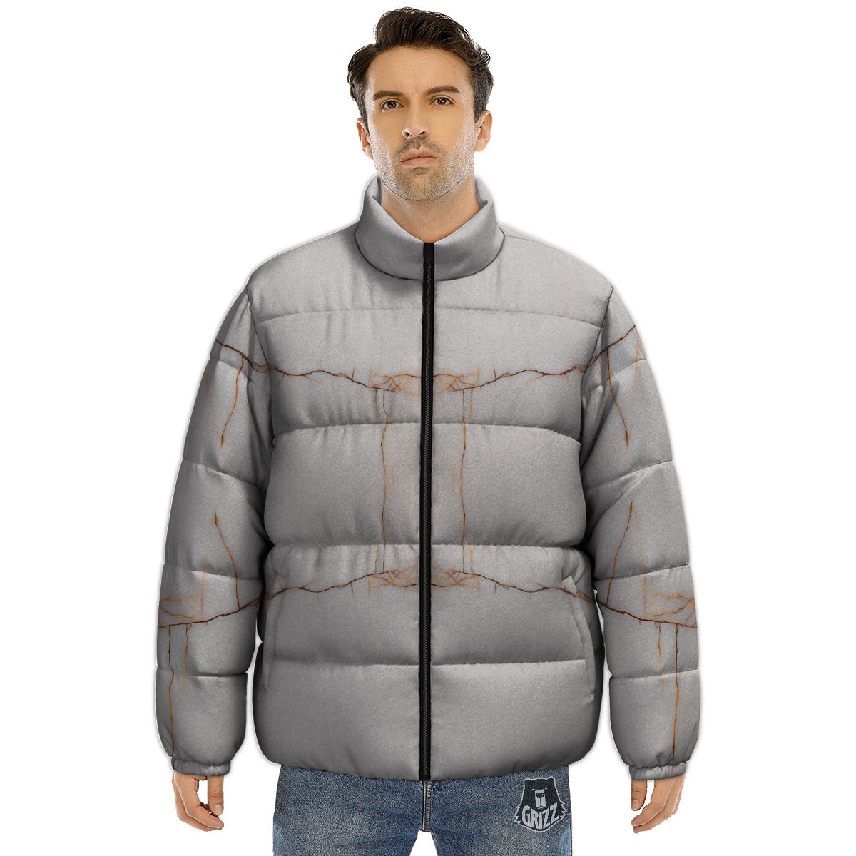 Smooth Marble White Brown Print Pattern Puffer Jacket-grizzshop