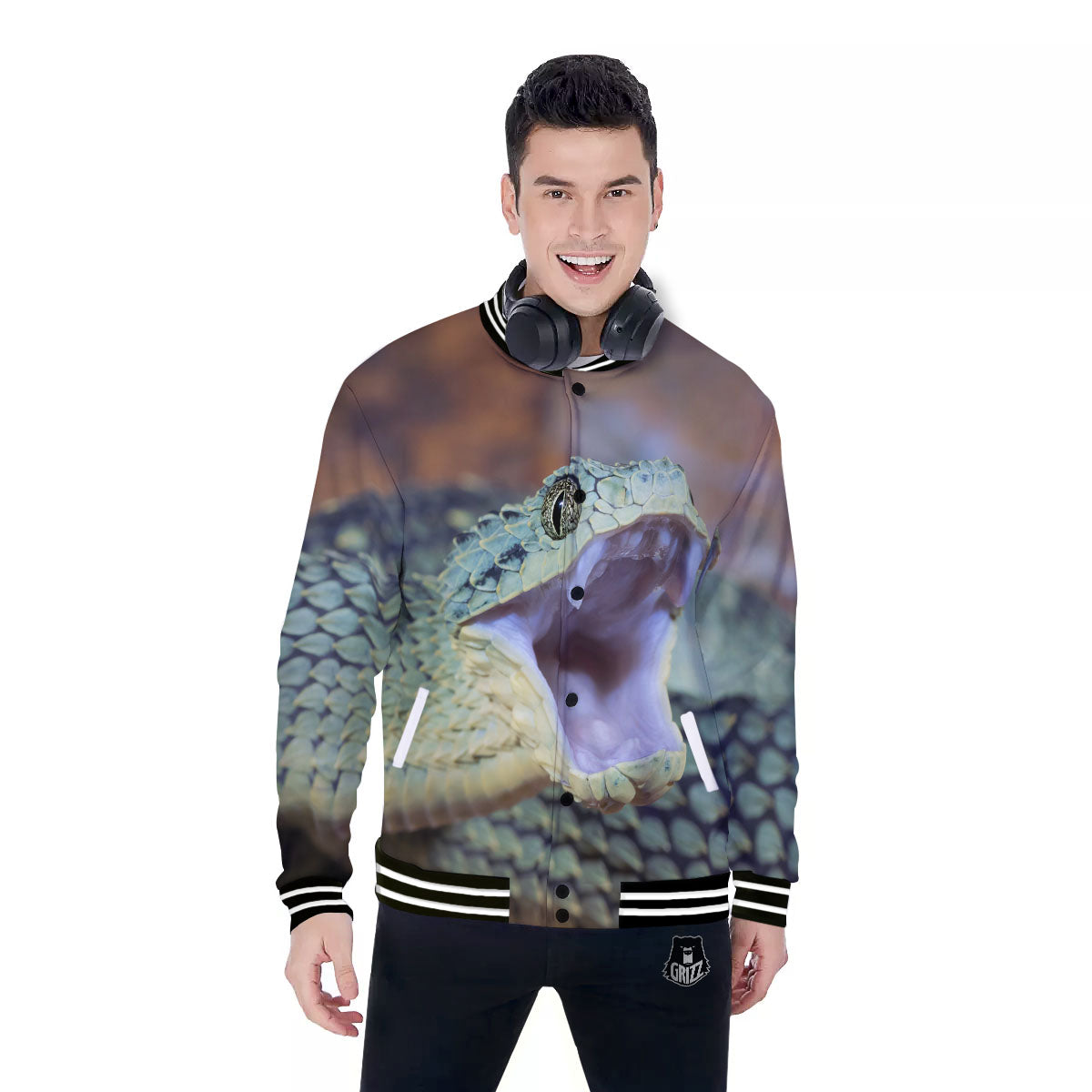 Snake Atheris Nitschei Print Baseball Jacket-grizzshop