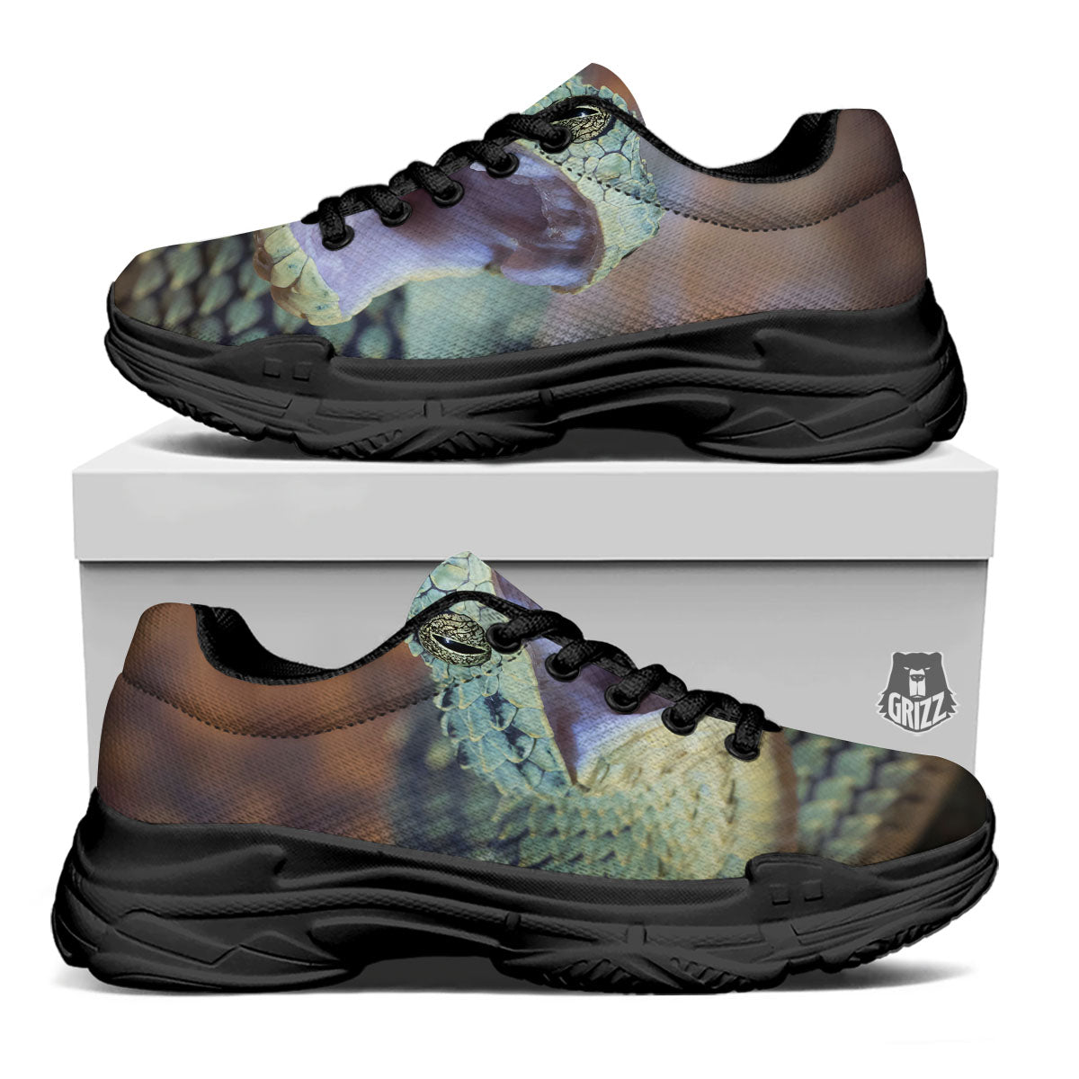 Snake Atheris Nitschei Print Black Chunky Shoes-grizzshop