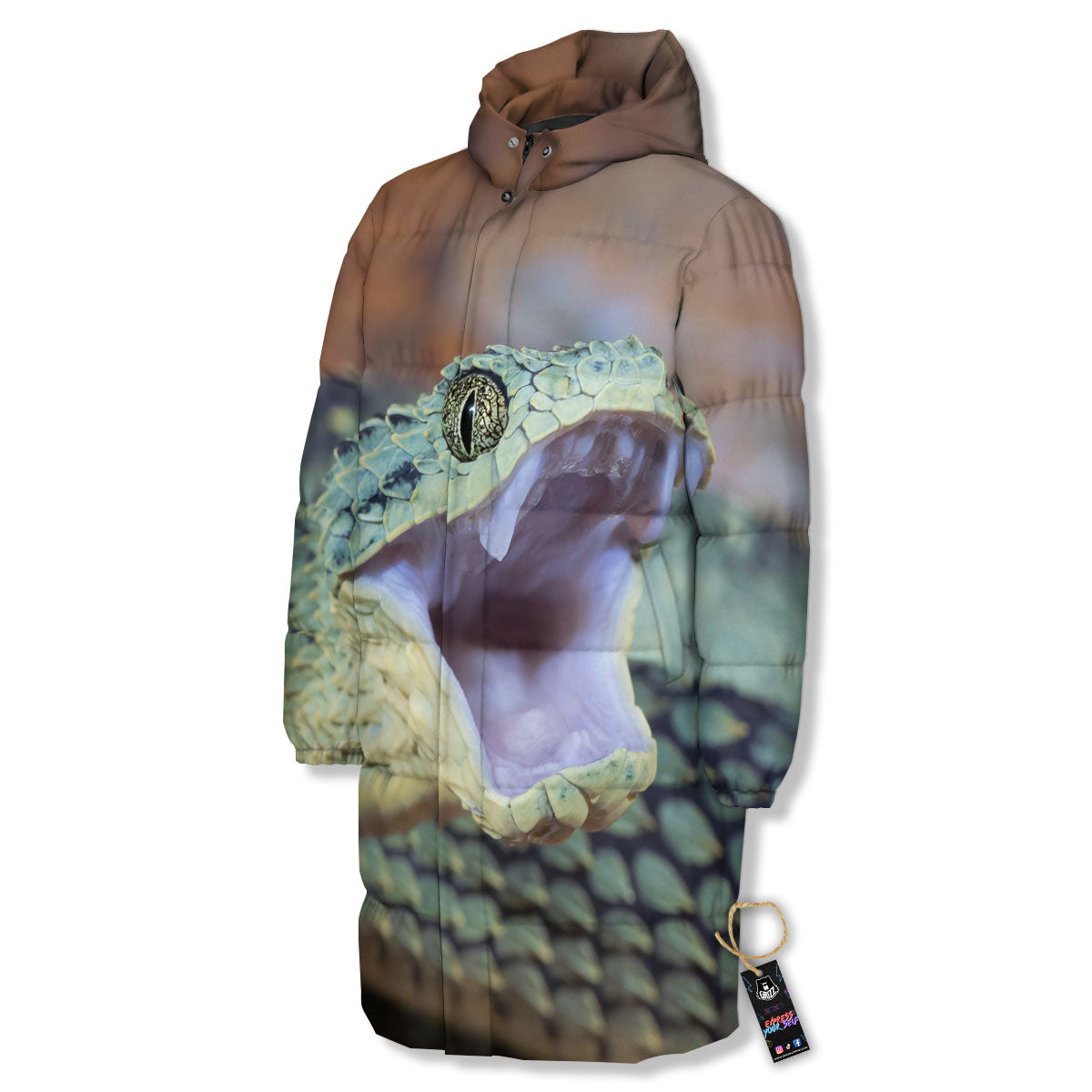Snake Atheris Nitschei Print Long Down Jacket-grizzshop