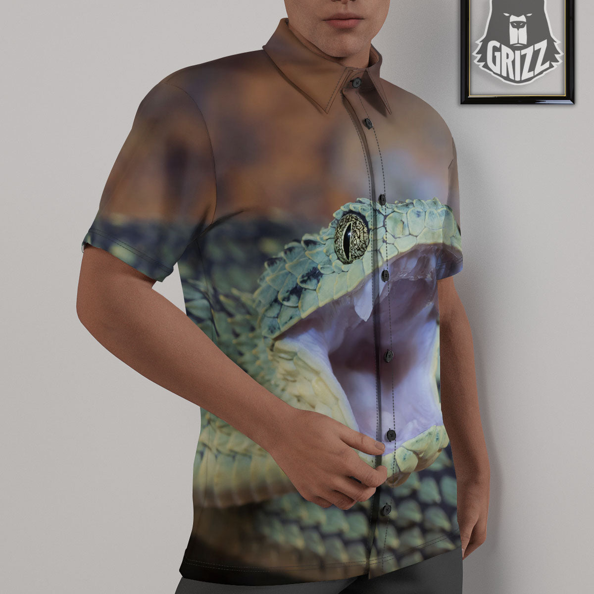 Snake Atheris Nitschei Print Untucked Shirts-grizzshop
