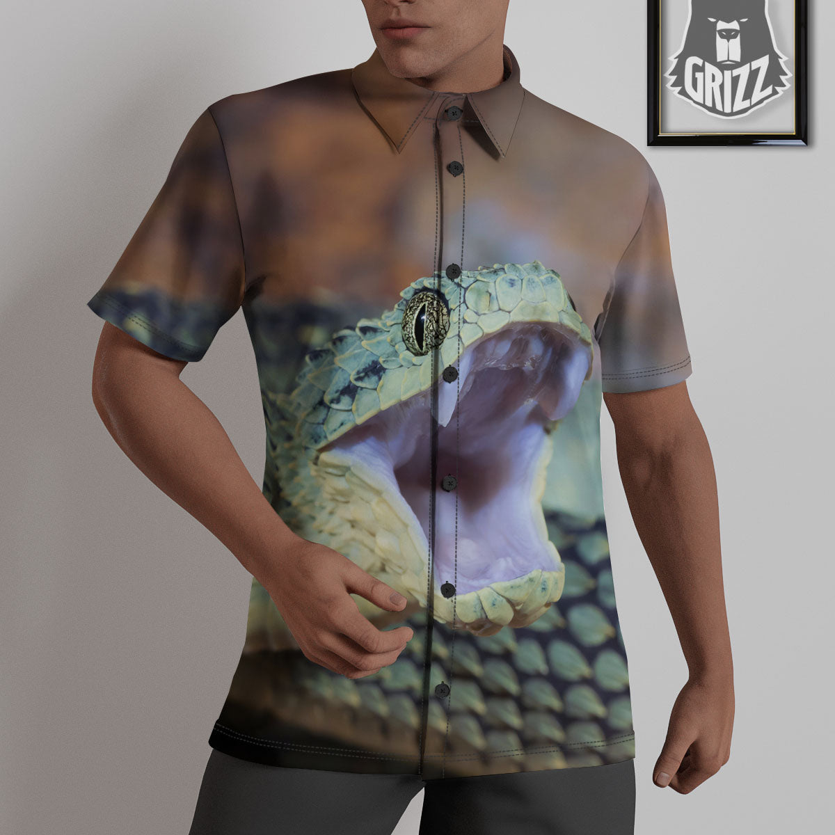 Snake Atheris Nitschei Print Untucked Shirts-grizzshop