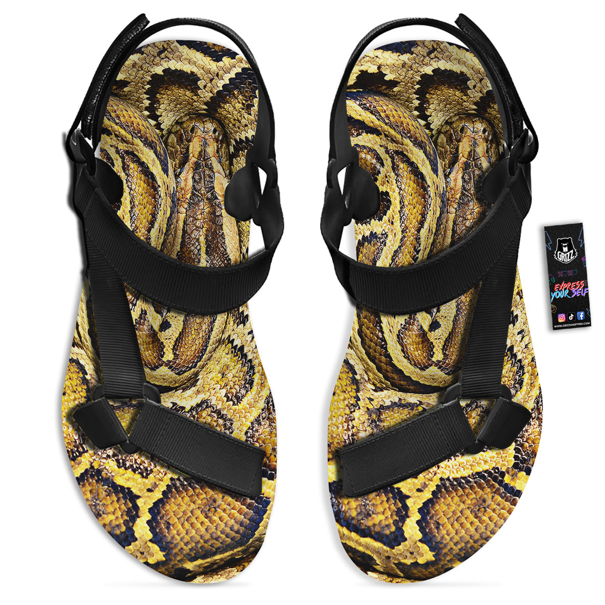 Snake Burmese Python Print Black Open Toe Sandals-grizzshop