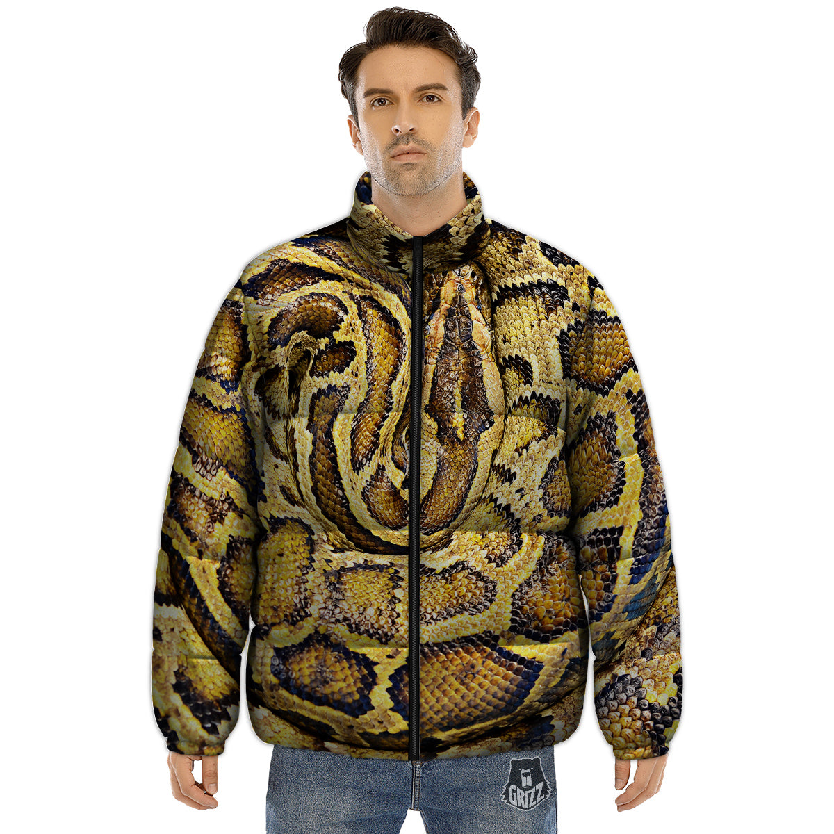 Snake Burmese Python Print Puffer Jacket-grizzshop