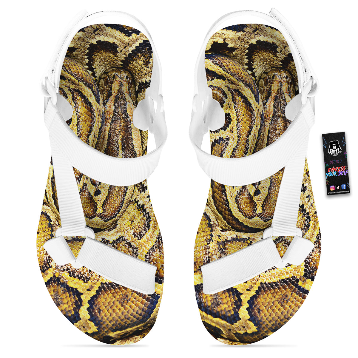 Snake Burmese Python Print White Open Toe Sandals-grizzshop