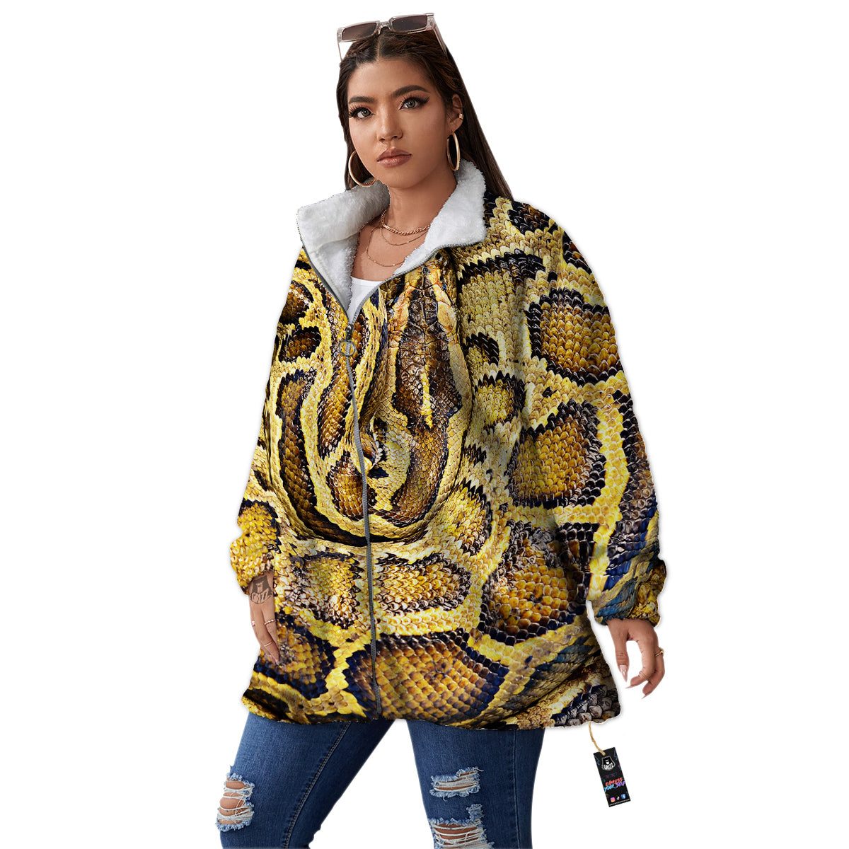 Snake Burmese Python Print Women's Sherpa Jacket-grizzshop