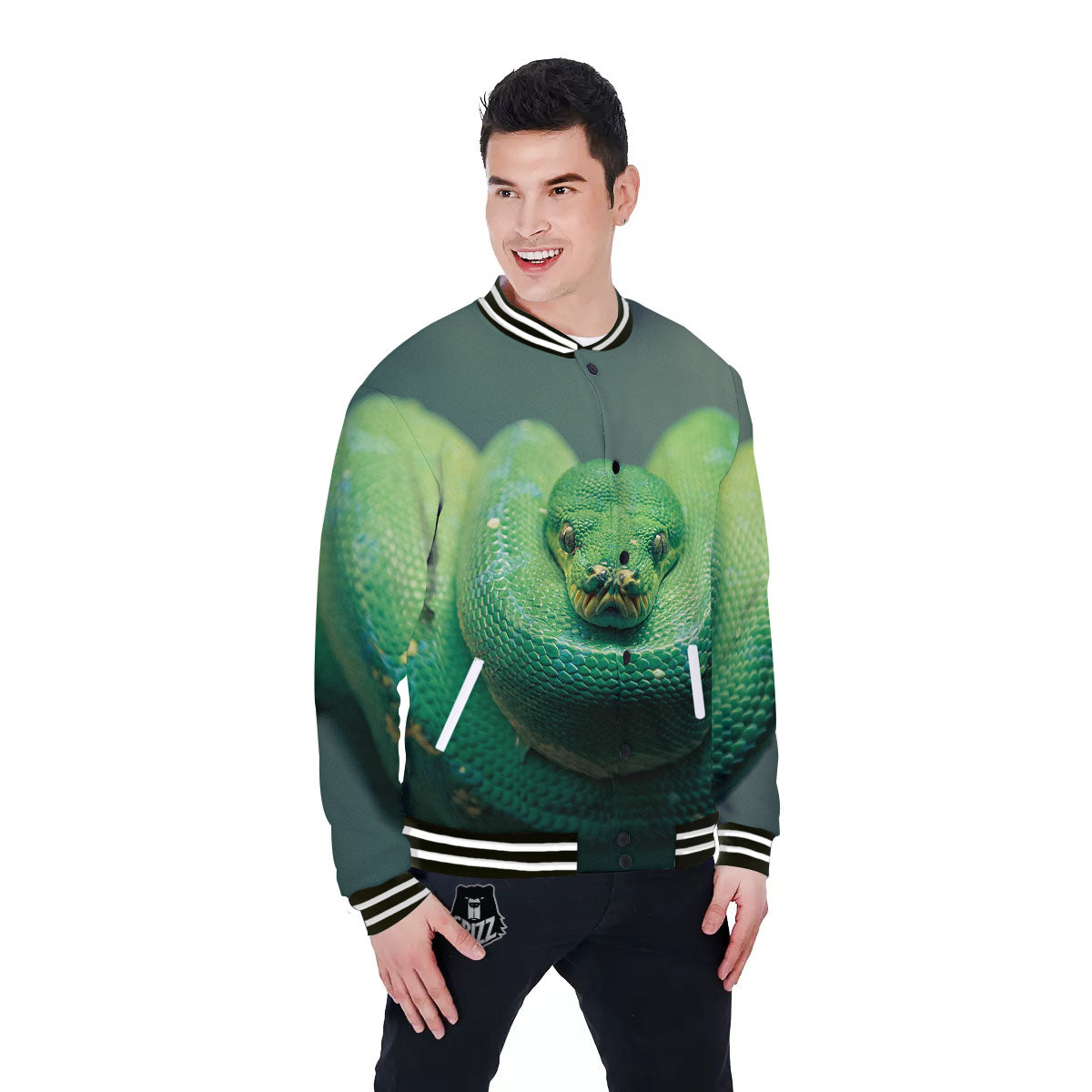 Snake Emerald Tree Boa Print Baseball Jacket-grizzshop