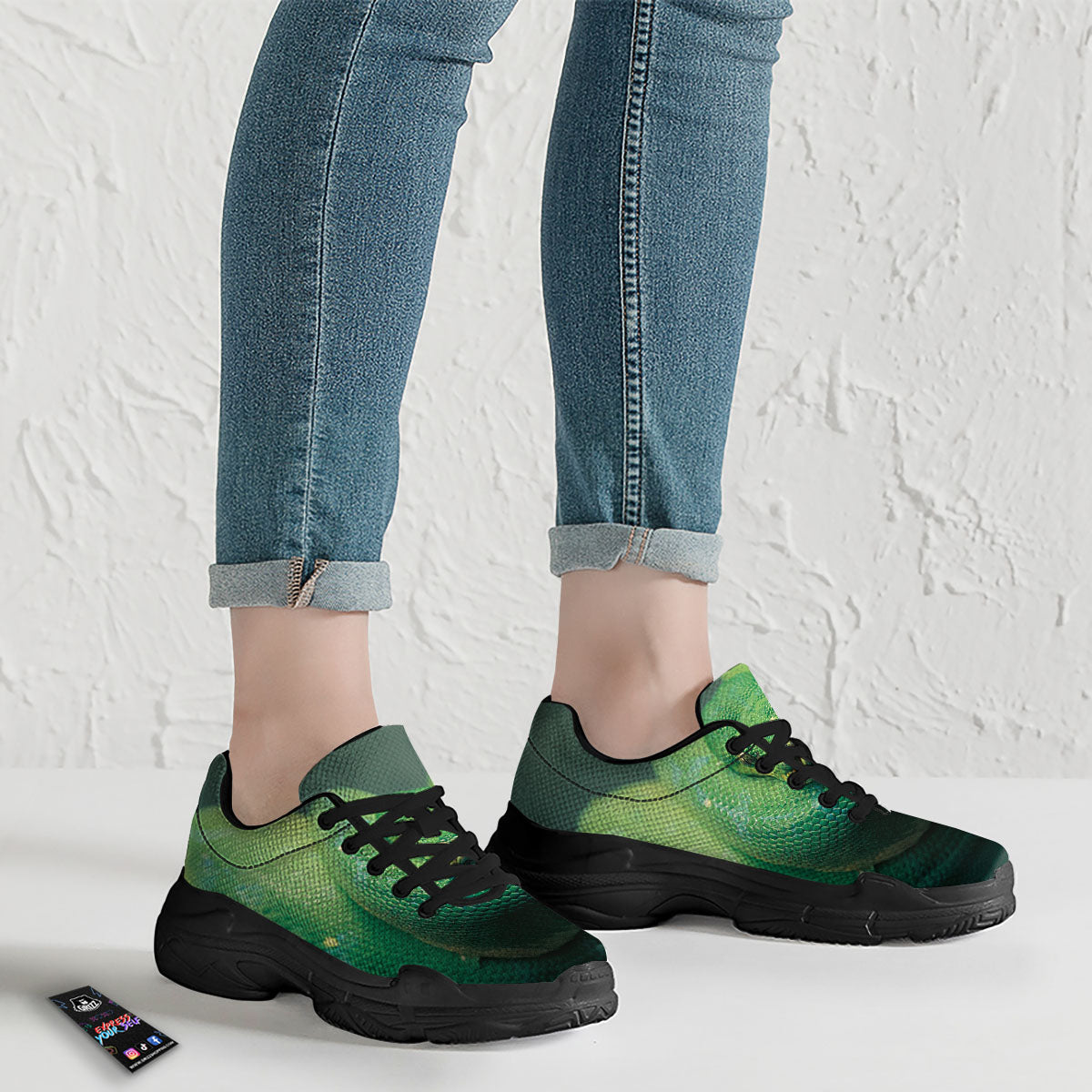 Snake Emerald Tree Boa Print Black Chunky Shoes-grizzshop
