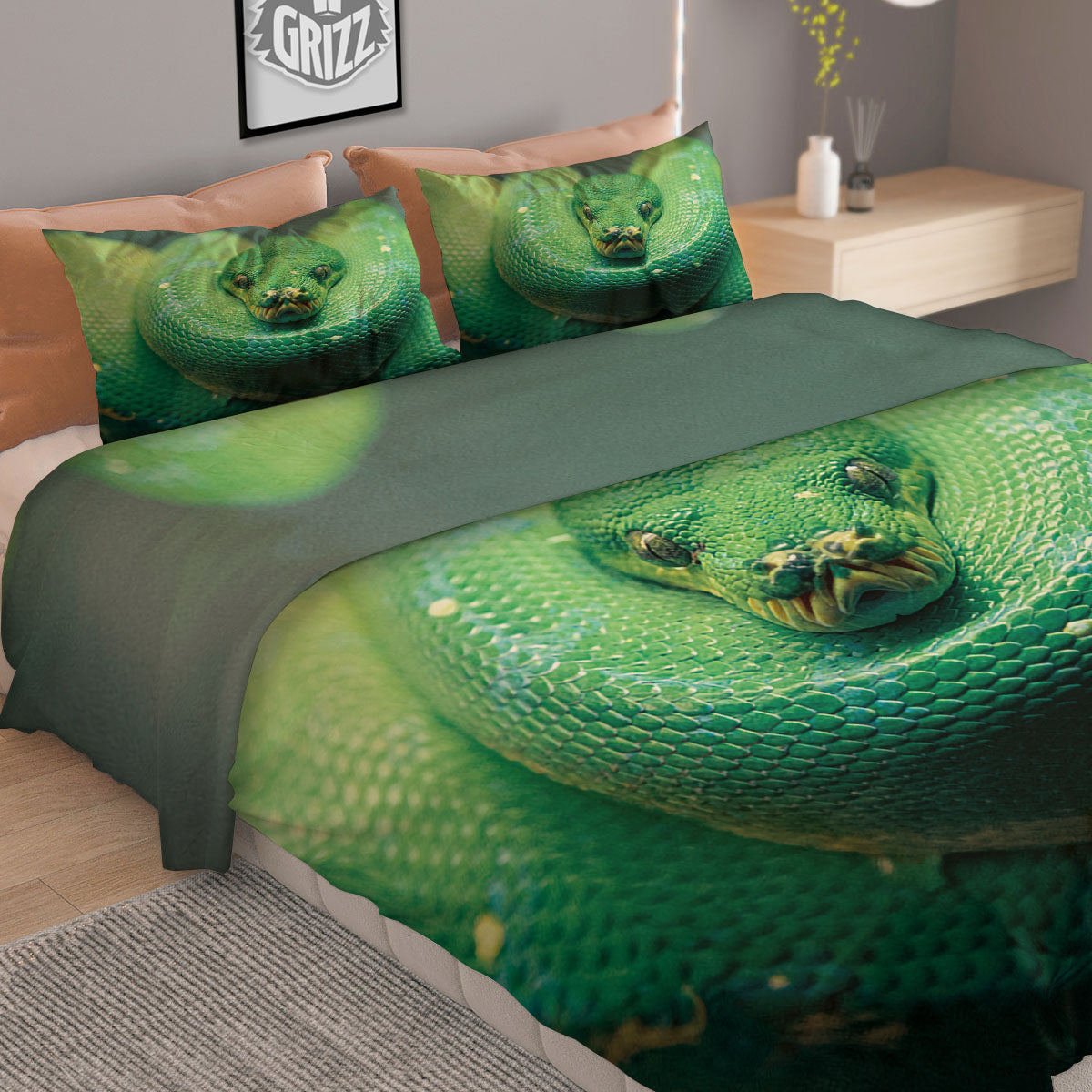Snake Emerald Tree Boa Print Duvet Cover Bedding Set