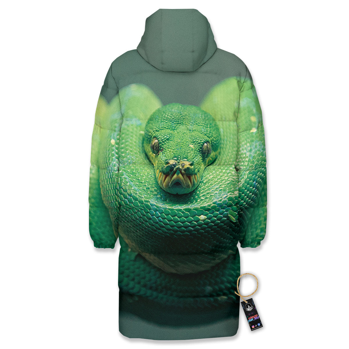 Snake Emerald Tree Boa Print Long Down Jacket-grizzshop