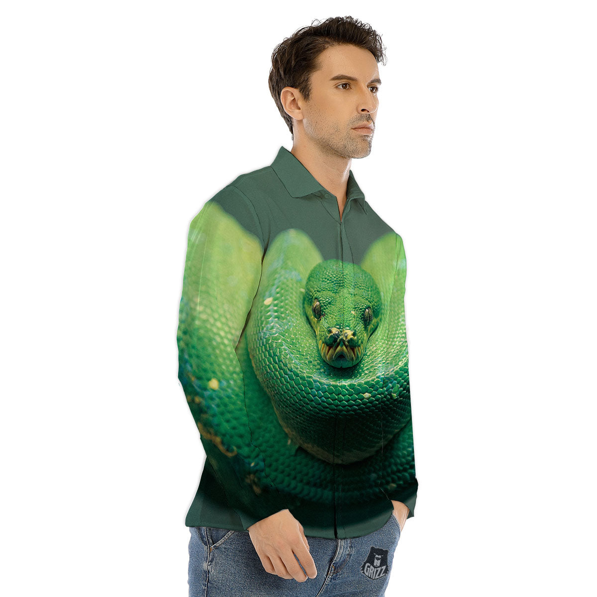 Snake Emerald Tree Boa Print Men's Dress Shirts-grizzshop