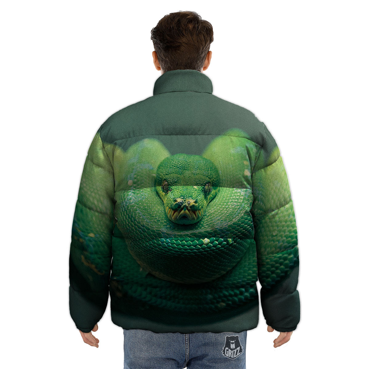 Snake Emerald Tree Boa Print Puffer Jacket-grizzshop