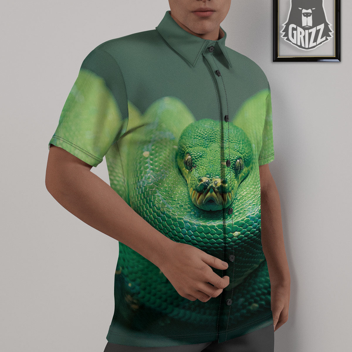 Snake Emerald Tree Boa Print Untucked Shirts-grizzshop