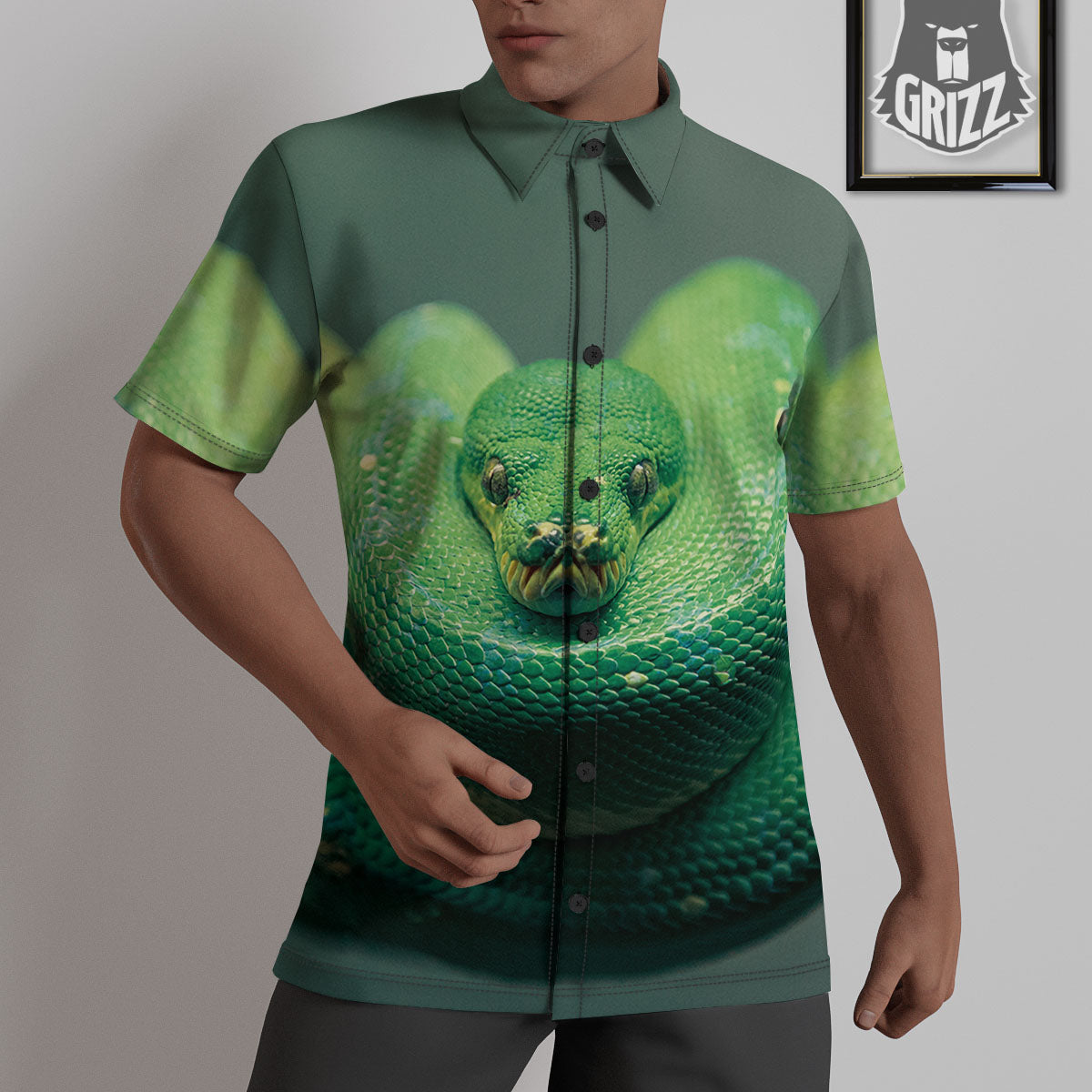 Snake Emerald Tree Boa Print Untucked Shirts-grizzshop