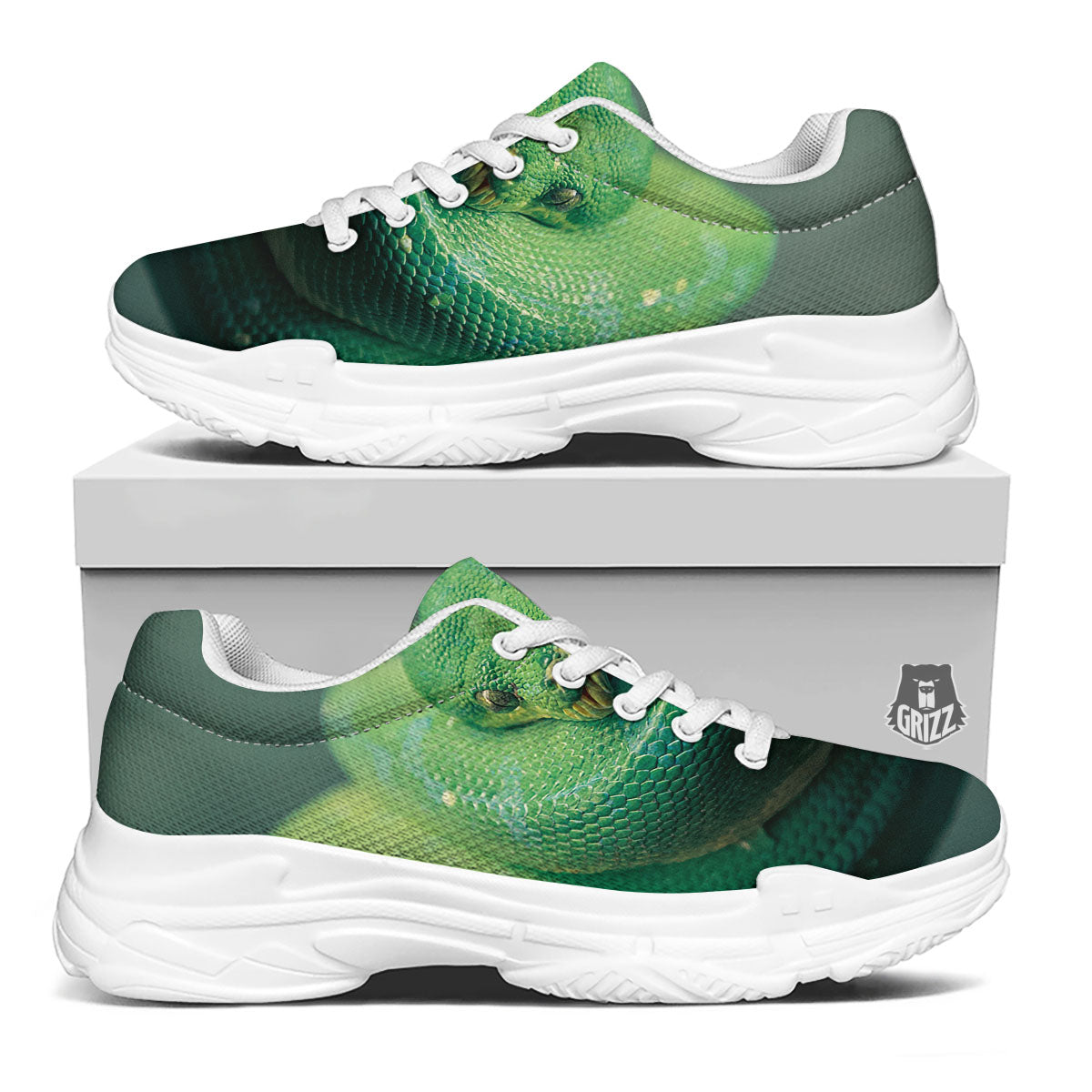 Snake Emerald Tree Boa Print White Chunky Shoes-grizzshop