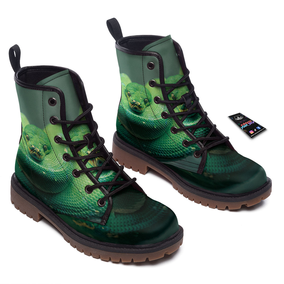 Snake Emerald Tree Boa Print Work Boots-grizzshop