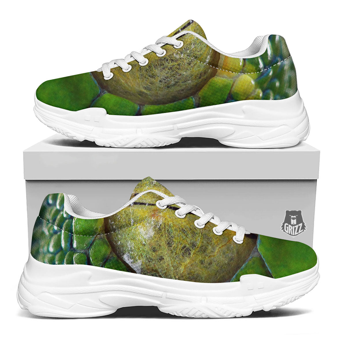 Snake Eye Green Print White Chunky Shoes-grizzshop