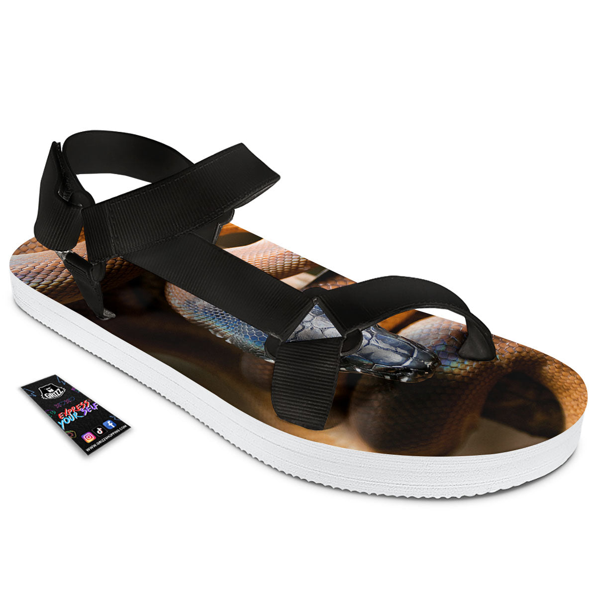 Snake Leiopython Print Black Open Toe Sandals-grizzshop