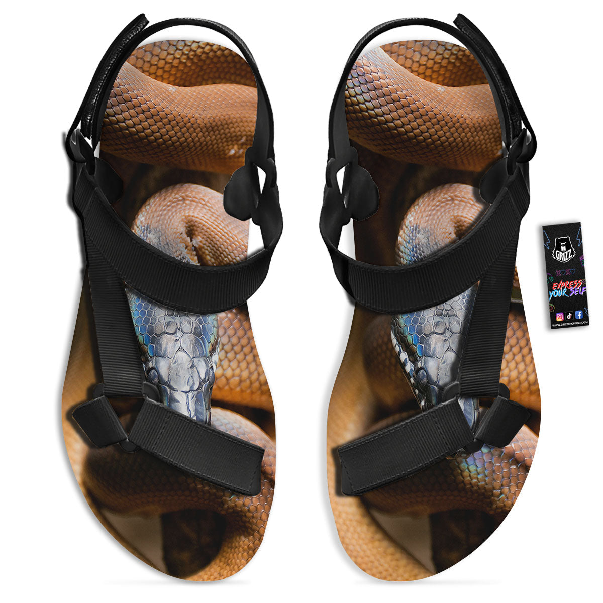 Snake Leiopython Print Black Open Toe Sandals-grizzshop
