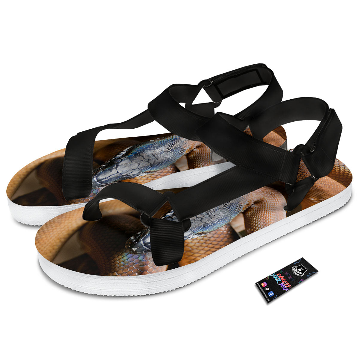 Snake Leiopython Print Black Open Toe Sandals-grizzshop