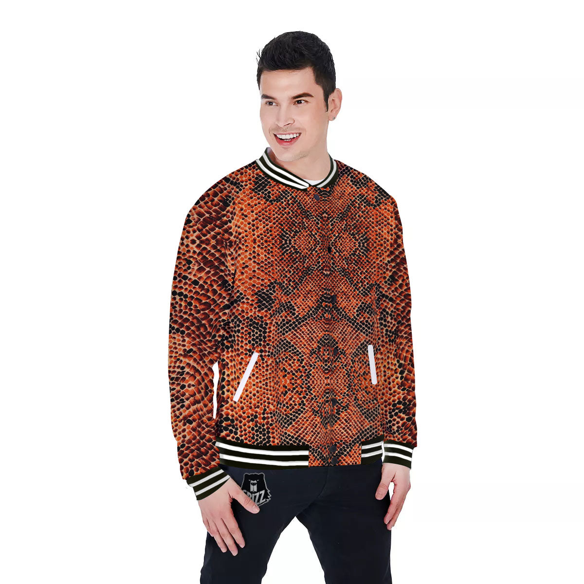 Snake Orange Print Pattern Baseball Jacket-grizzshop