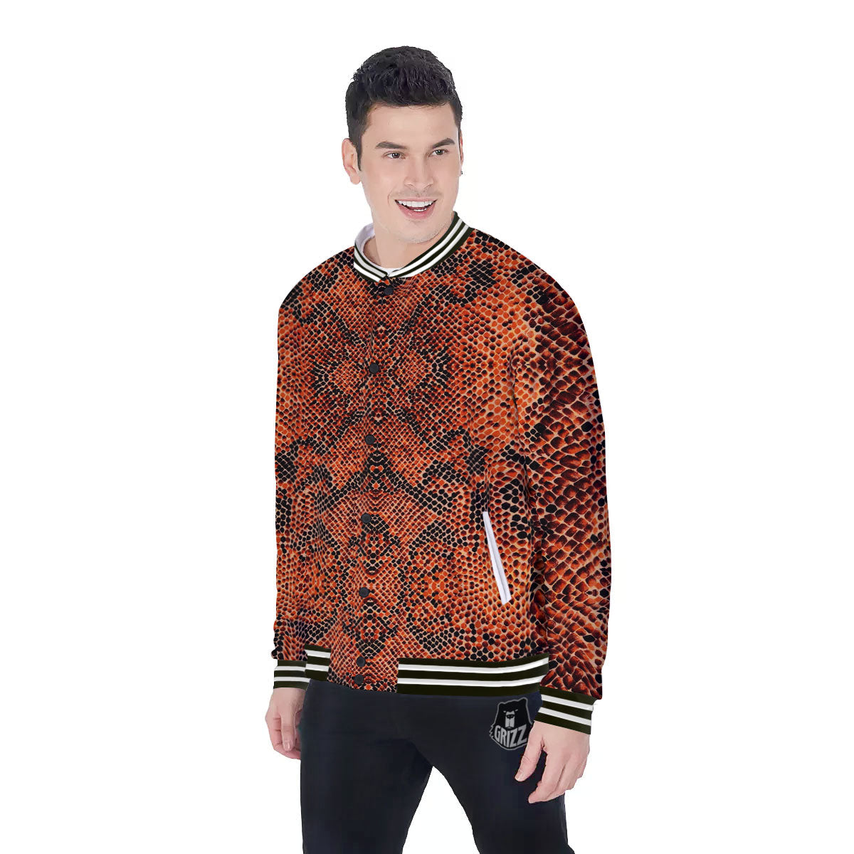 Snake Orange Print Pattern Baseball Jacket-grizzshop