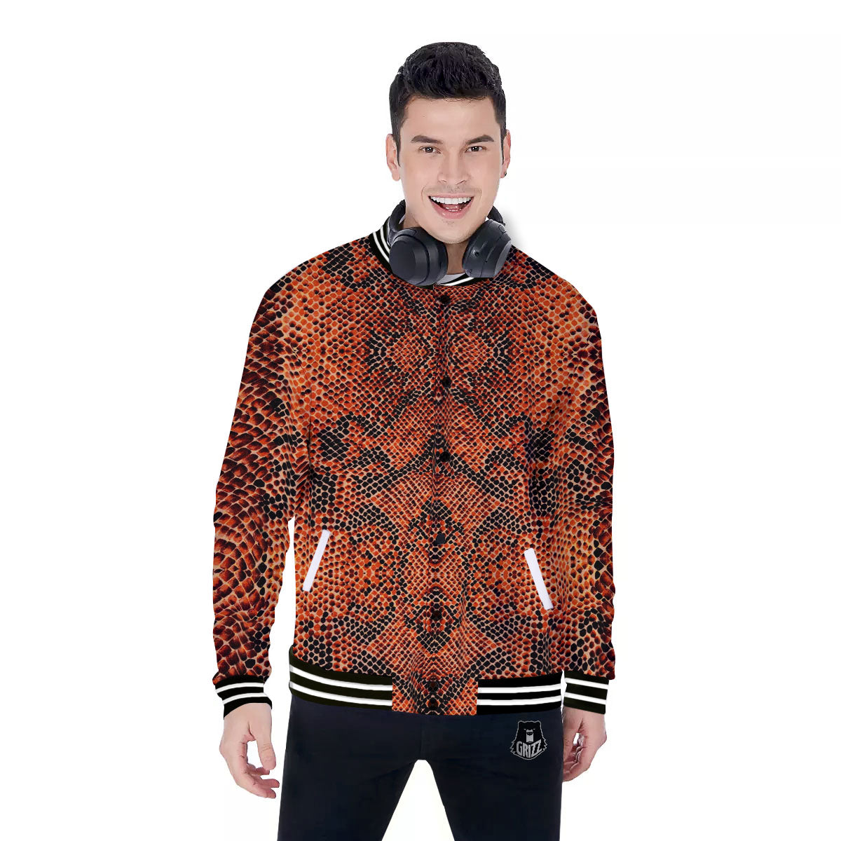 Snake Orange Print Pattern Baseball Jacket-grizzshop