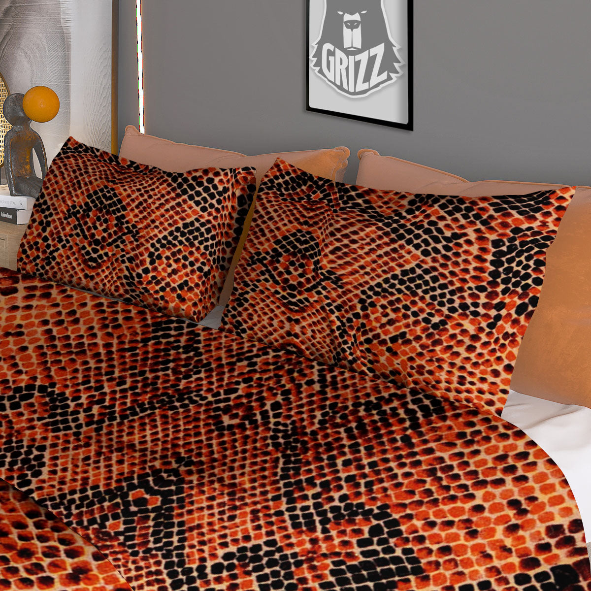 Snake Orange Print Pattern Duvet Cover Bedding Set