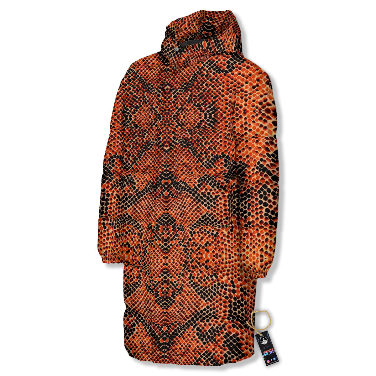 Snake Orange Print Pattern Long Down Jacket-grizzshop