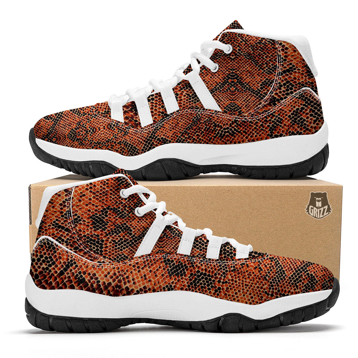 Snake Orange Print Pattern White Bball Shoes-grizzshop