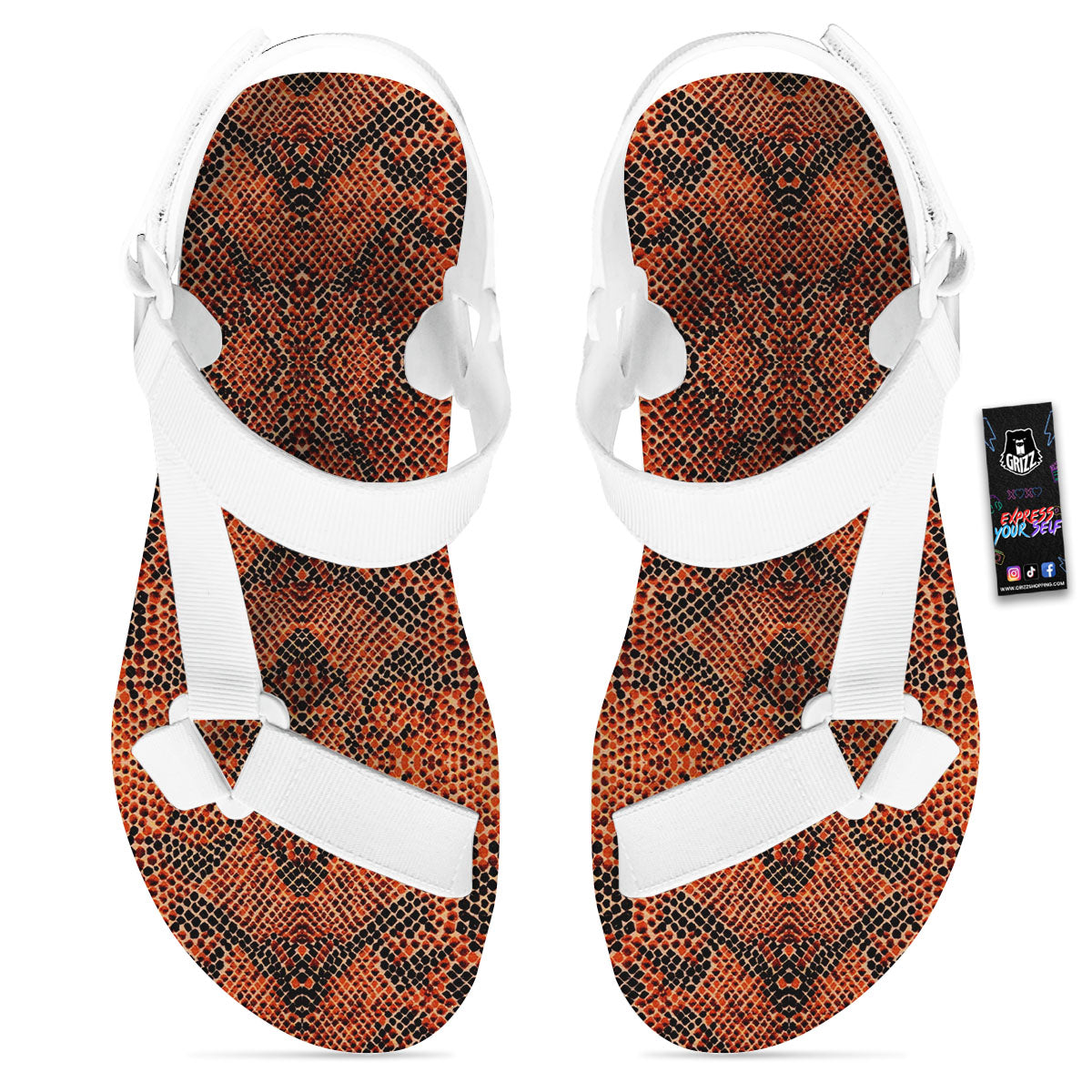 Snake Orange Print Pattern White Open Toe Sandals-grizzshop