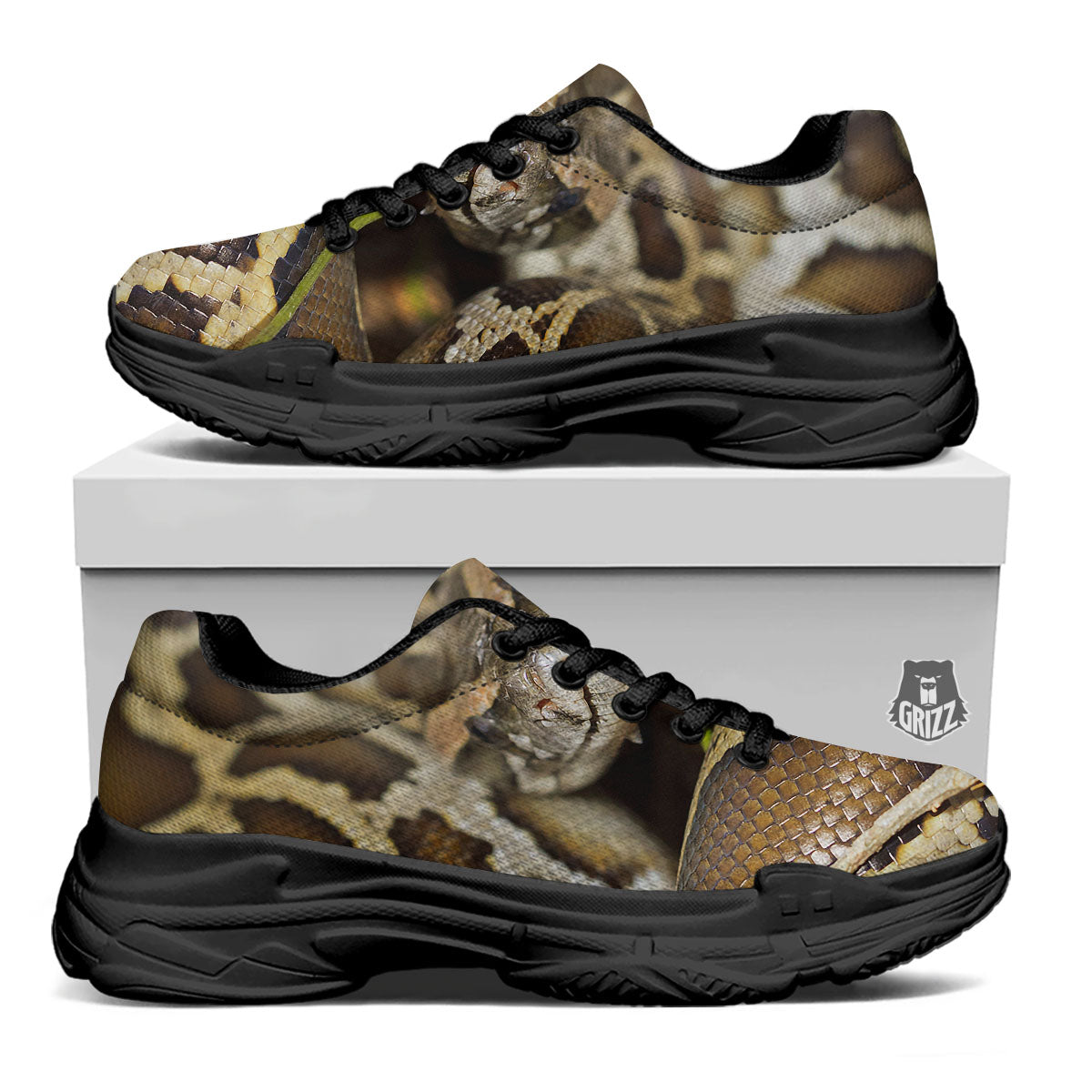 Snake Python Print Black Chunky Shoes-grizzshop