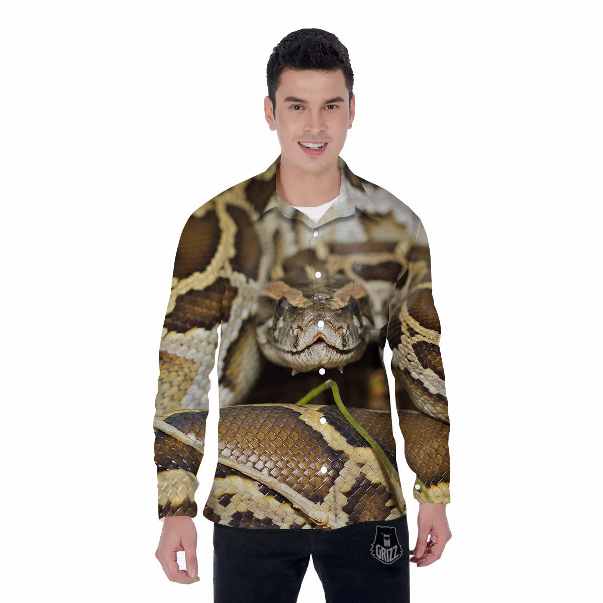 Snake Python Print Men's Long Sleeve Shirts-grizzshop