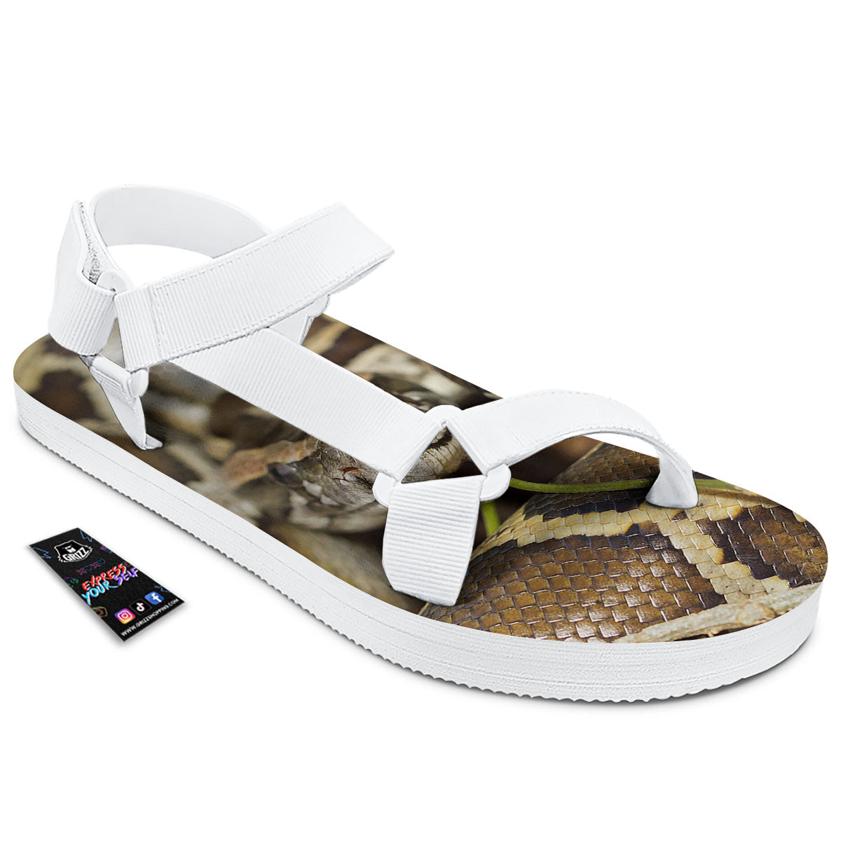 Snake Python Print White Open Toe Sandals-grizzshop