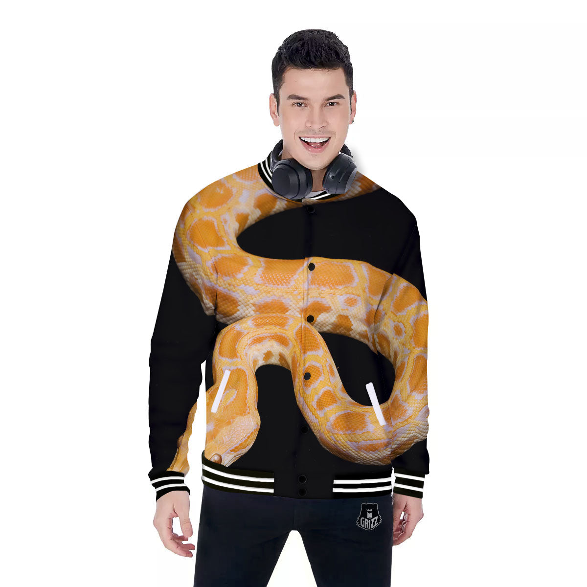 Snake Python Yellow Print Baseball Jacket-grizzshop
