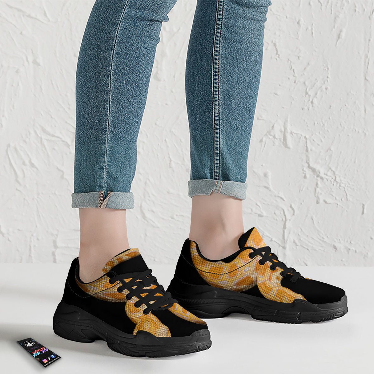 Snake Python Yellow Print Black Chunky Shoes-grizzshop