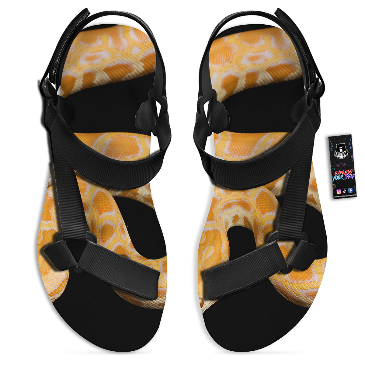 Snake Python Yellow Print Black Open Toe Sandals-grizzshop