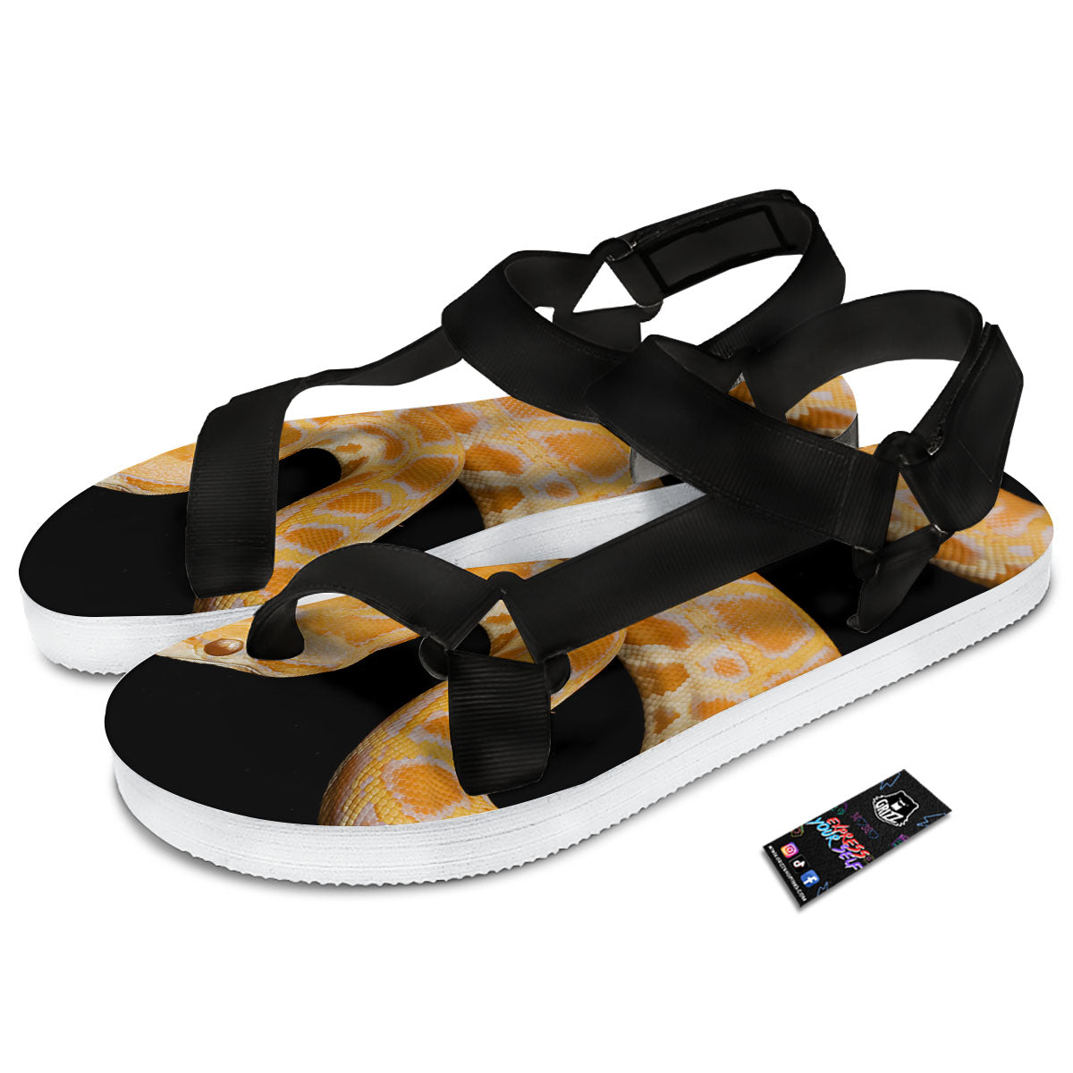 Snake Python Yellow Print Black Open Toe Sandals-grizzshop
