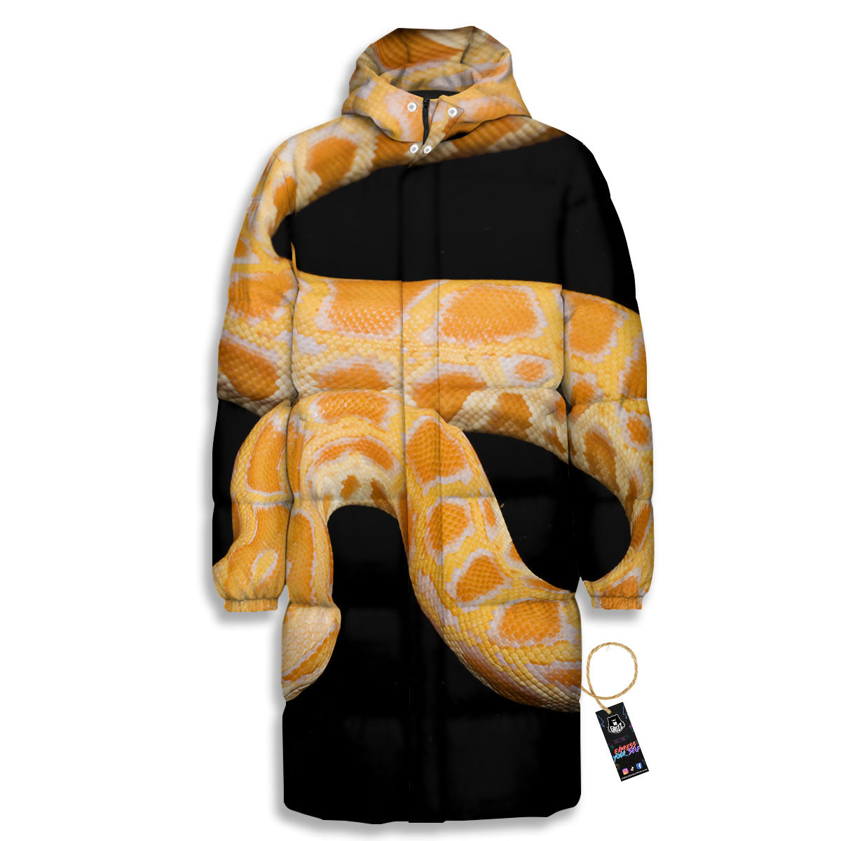 Snake Python Yellow Print Long Down Jacket-grizzshop