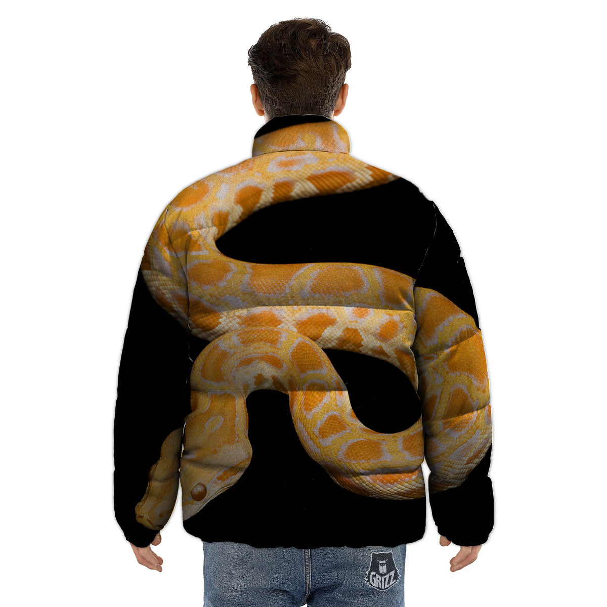 Snake Python Yellow Print Puffer Jacket-grizzshop